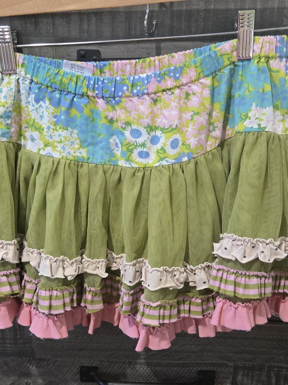 Matilda Jane Women’s Size 6 Floral Ruffle Tulle Skirt Green Pink Boho